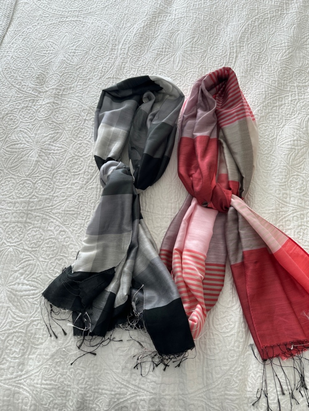 Striped Silk / Cotton Pashmina / Scarf  x Two! Black/Grey and Pink/Red Options
